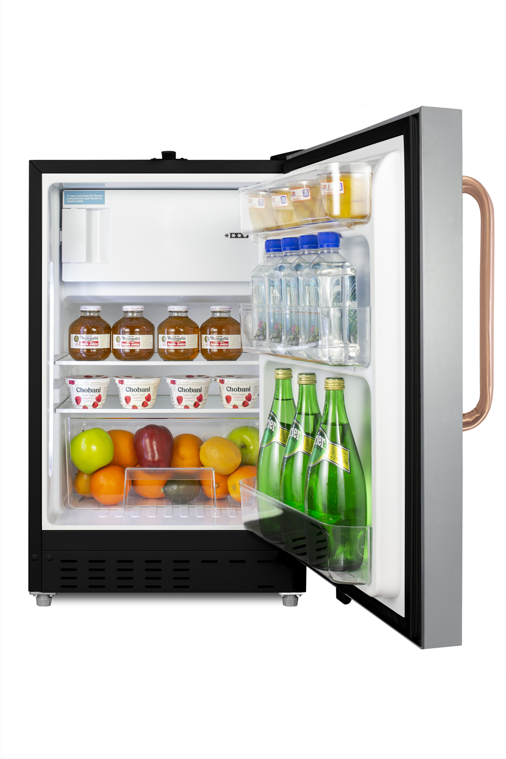 Built-in undercounter, ADA compliant refrigerator-freezer designed for general purpose storage, with a stainless steel door, pure copper towel bar handle, manual defrost operation, and front lock